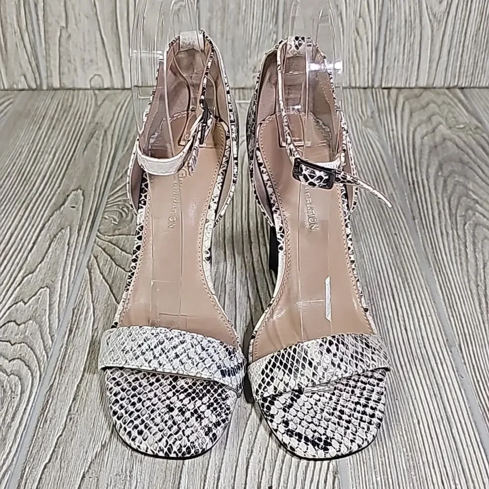 BCBGeneration Lexana Snakeprint Leather Ankle Strap Heeled Sandals Womens 5 NEW